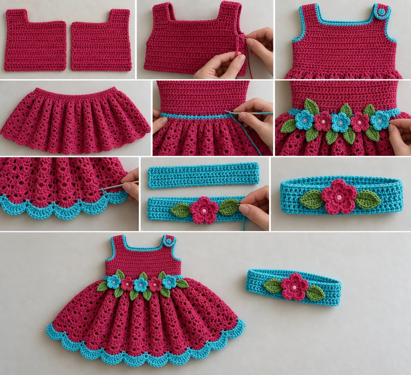 Multi-panel crochet construction collage showing the bodice panels, joined skirt, edgings, five-petal flowers, leaves, and headband assembly