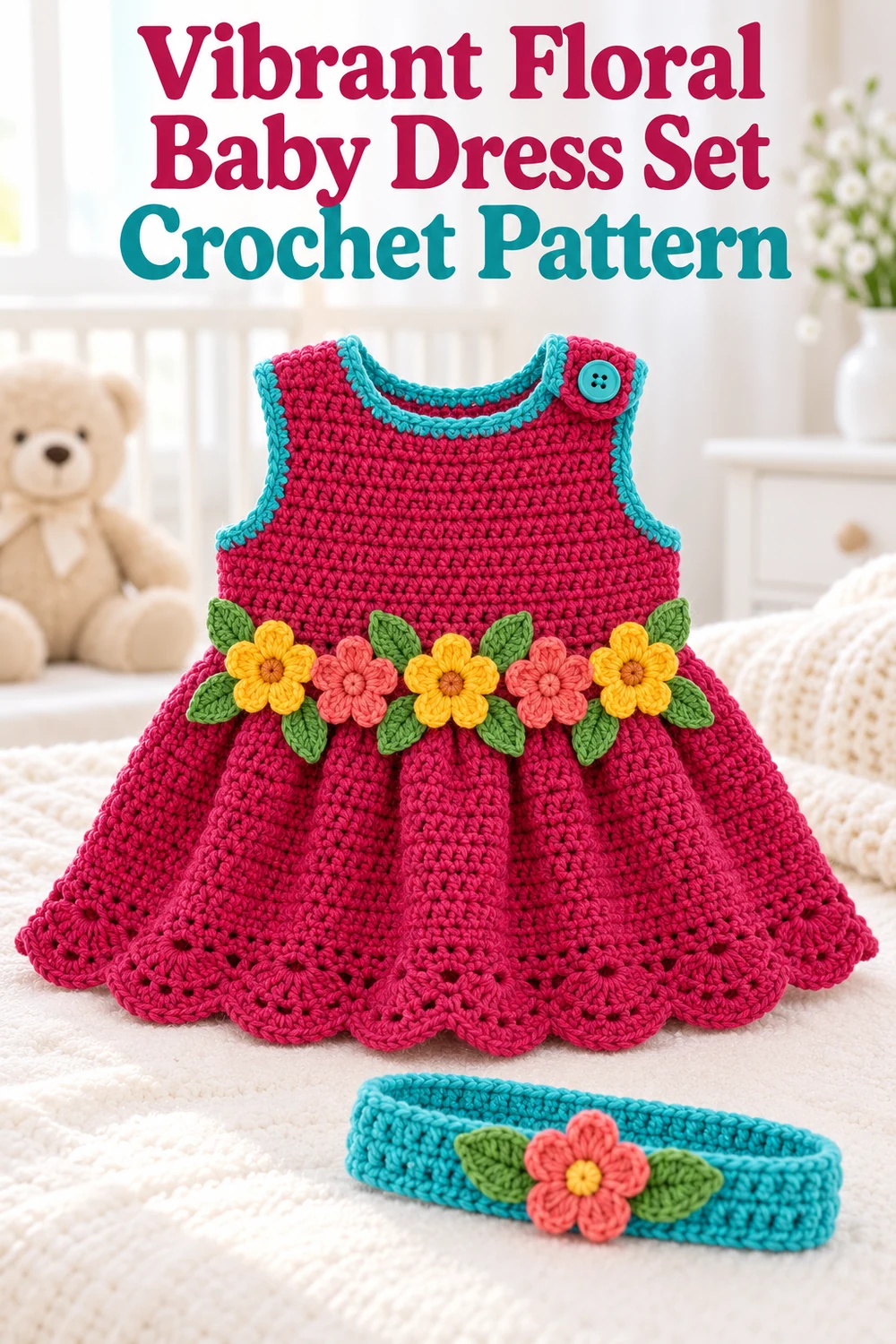 Vertical Pinterest graphic for the Vibrant Floral Baby Dress Set Crochet Pattern featuring the finished dress and matching headband